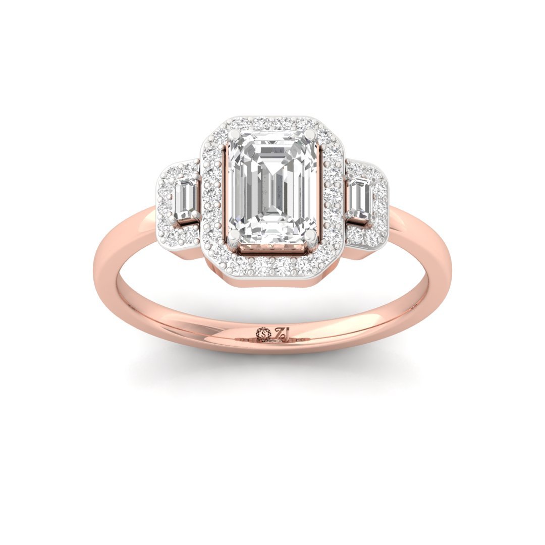 Emerald And Round And Baguette Cut Halo Engagement Ring | Lab-Grown Diamond | Silver | 10K | 14K | 18K - Rose Gold Main View