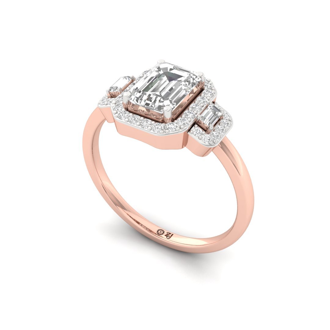 Emerald And Round And Baguette Cut Halo Engagement Ring | Lab-Grown Diamond | Silver | 10K | 14K | 18K - View 2