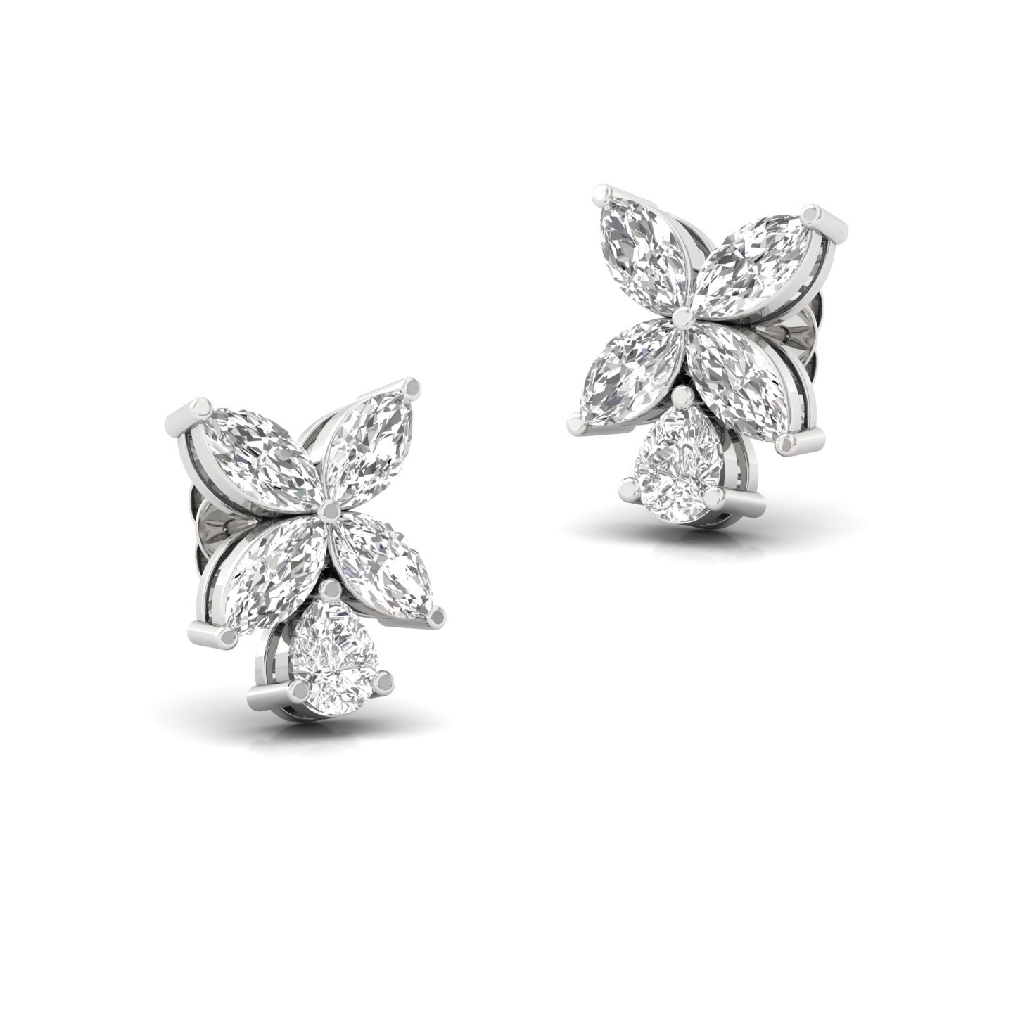 Marquise & Pear Cut Diamond Floral Stud Earrings (1 Pair) | Nature-Inspired Lab Grown CVD Diamond Earrings with Emerald Touch | 925 Silver | 10K | 14K | 18K - View 3