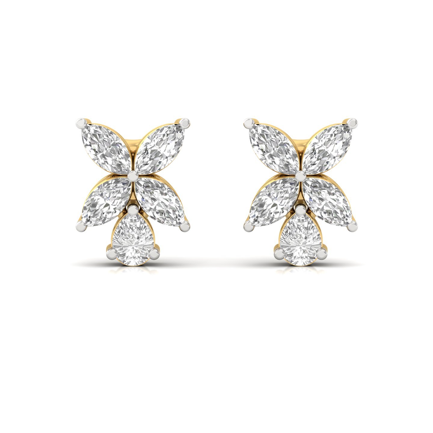 Marquise & Pear Cut Diamond Floral Stud Earrings (1 Pair) | Nature-Inspired Lab Grown CVD Diamond Earrings with Emerald Touch | 925 Silver | 10K | 14K | 18K - View 2