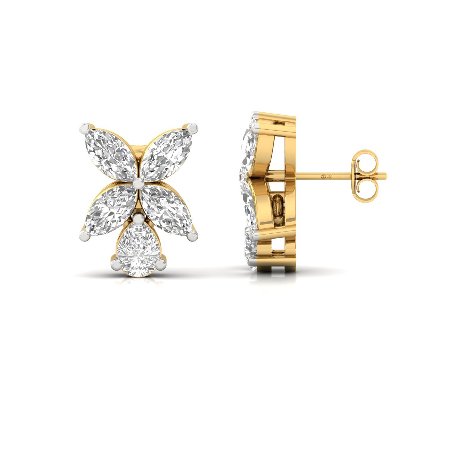 Marquise & Pear Cut Diamond Floral Stud Earrings (1 Pair) | Nature-Inspired Lab Grown CVD Diamond Earrings with Emerald Touch | 925 Silver | 10K | 14K | 18K - Gold Main View
