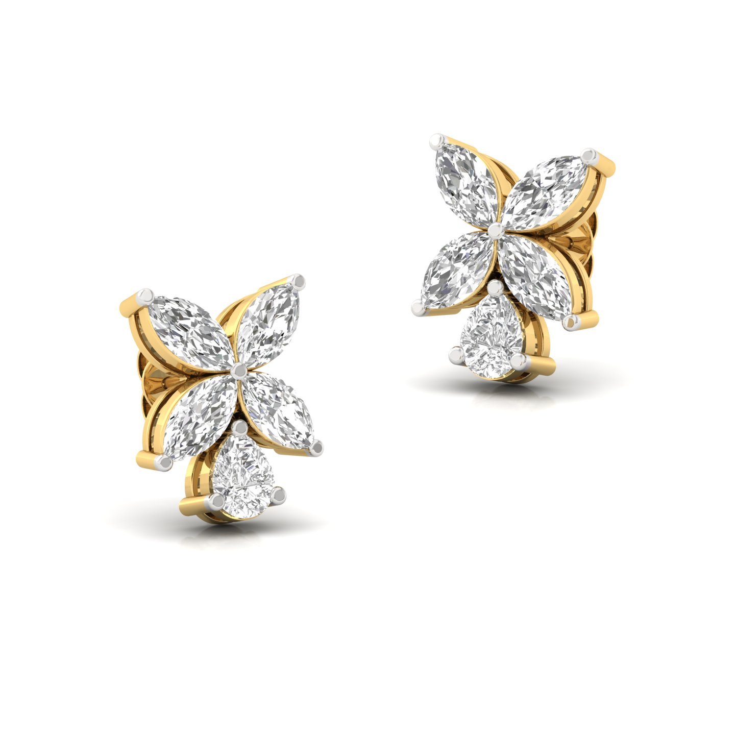 Marquise & Pear Cut Diamond Floral Stud Earrings (1 Pair) | Nature-Inspired Lab Grown CVD Diamond Earrings with Emerald Touch | 925 Silver | 10K | 14K | 18K - View 3