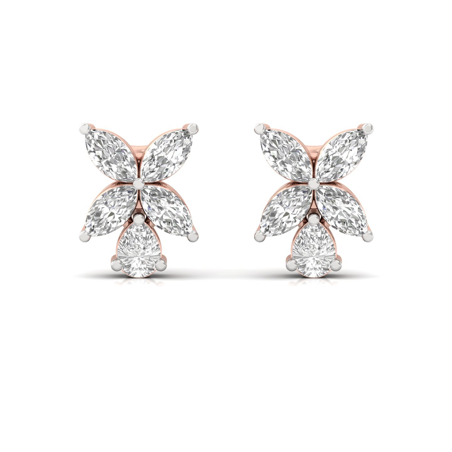 Marquise & Pear Cut Diamond Floral Stud Earrings (1 Pair) | Nature-Inspired Lab Grown CVD Diamond Earrings with Emerald Touch | 925 Silver | 10K | 14K | 18K - View 2