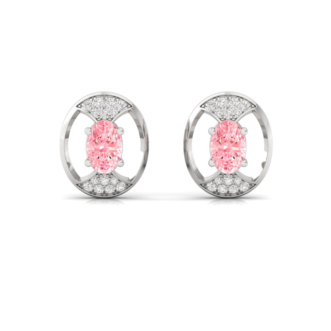 Oval & Round Cut Pink Diamond Halo Stud Earrings (1 Pair) | Lab Grown CVD Diamond Earrings | 925 Silver | 10K | 14K | 18K - View 2