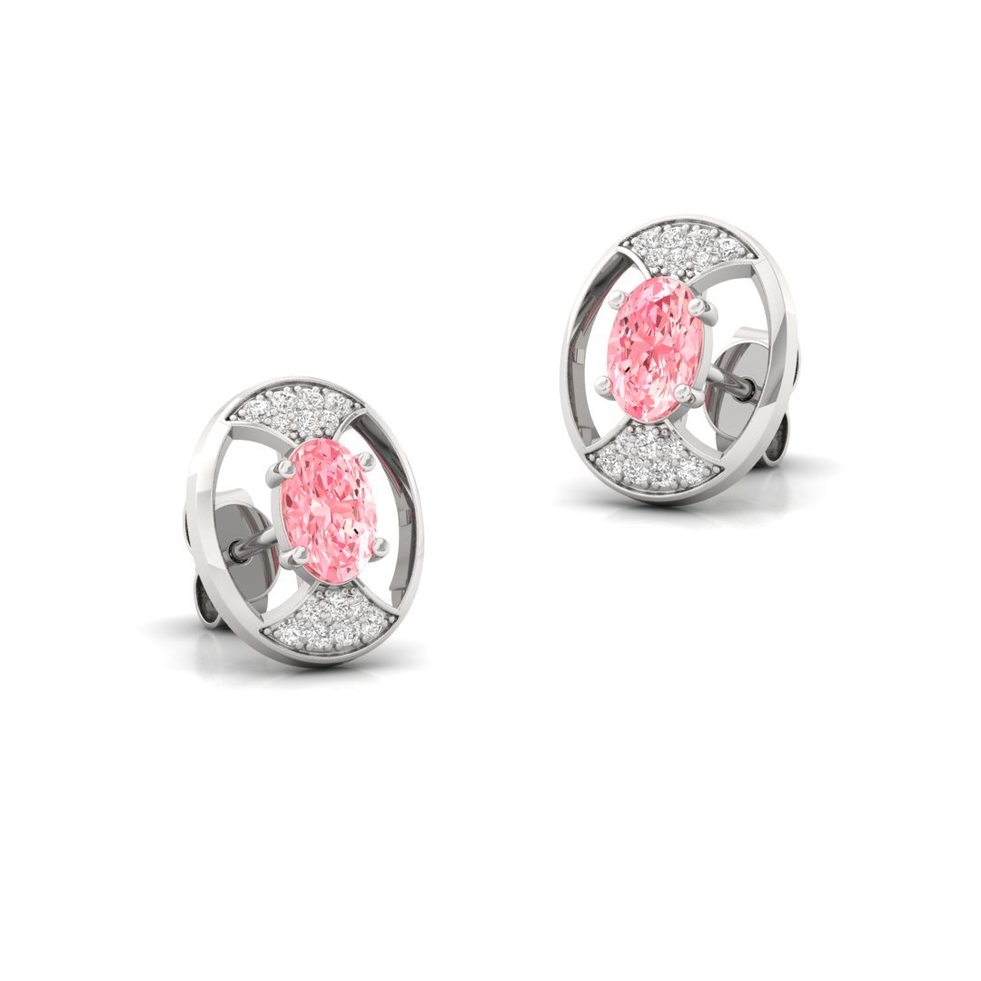 Oval & Round Cut Pink Diamond Halo Stud Earrings (1 Pair) | Lab Grown CVD Diamond Earrings | 925 Silver | 10K | 14K | 18K - View 3