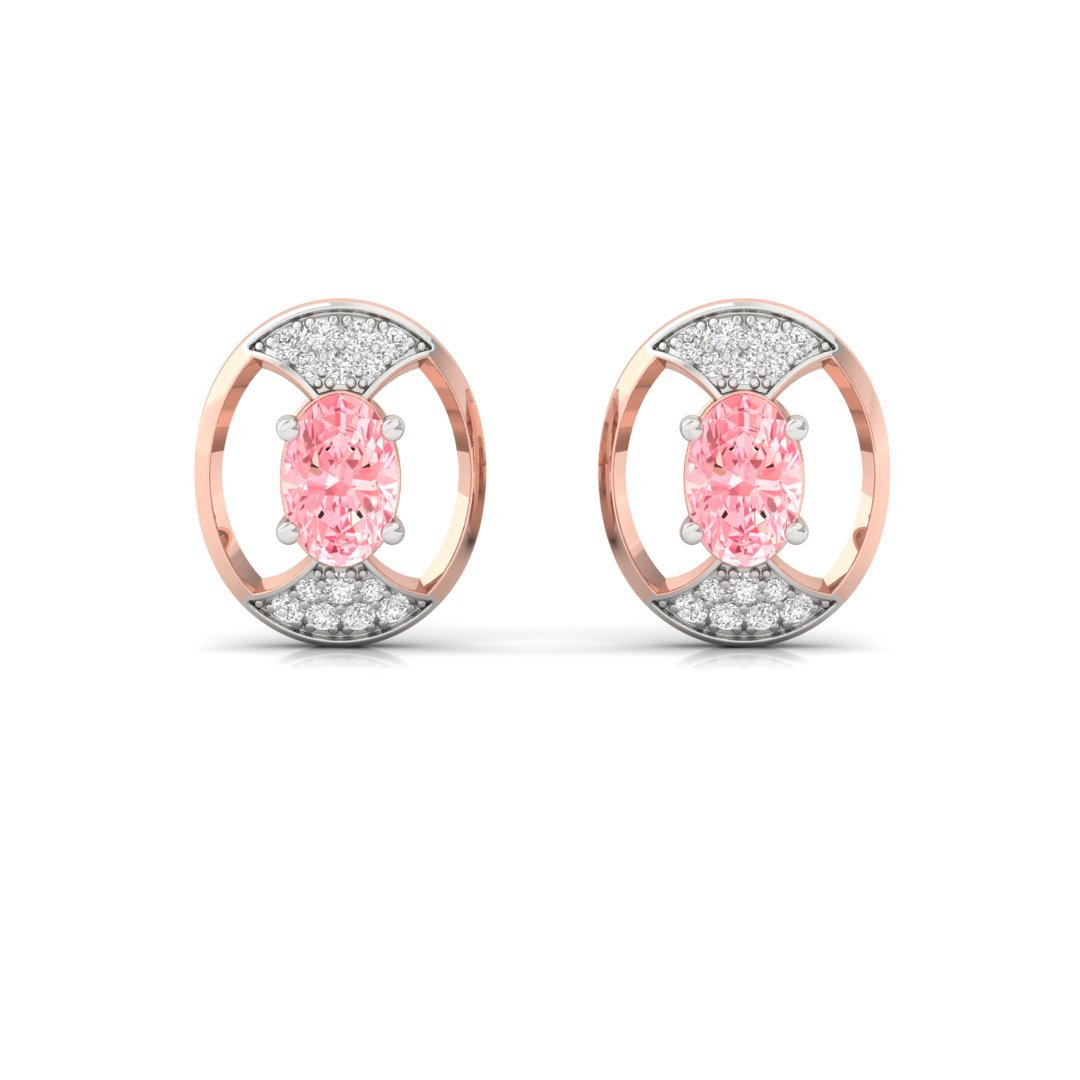 Oval & Round Cut Pink Diamond Halo Stud Earrings (1 Pair) | Lab Grown CVD Diamond Earrings | 925 Silver | 10K | 14K | 18K - View 2