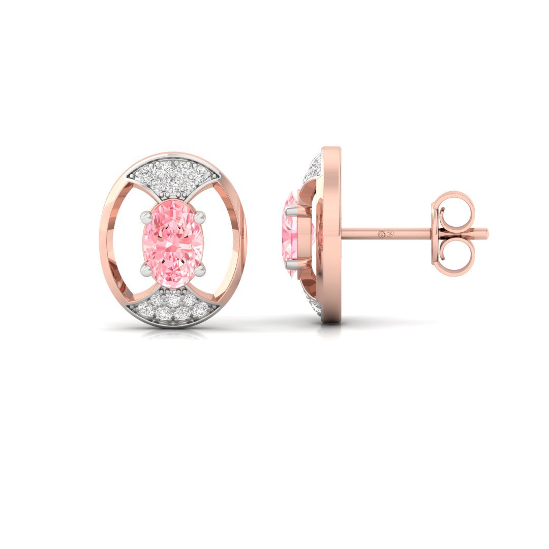 Oval & Round Cut Pink Diamond Halo Stud Earrings (1 Pair) | Lab Grown CVD Diamond Earrings | 925 Silver | 10K | 14K | 18K - Rose Gold Main View