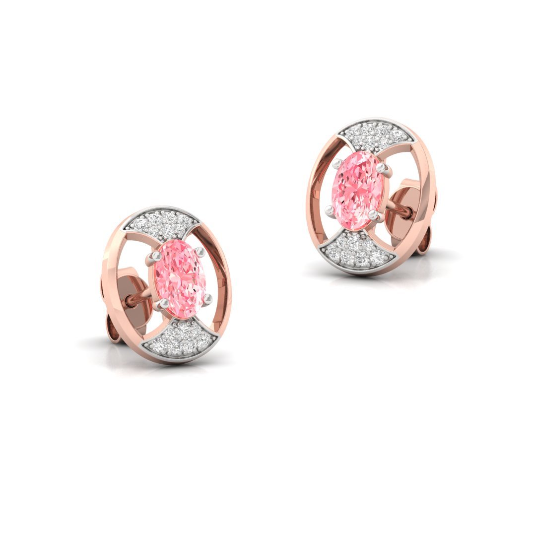 Oval & Round Cut Pink Diamond Halo Stud Earrings (1 Pair) | Lab Grown CVD Diamond Earrings | 925 Silver | 10K | 14K | 18K - View 3