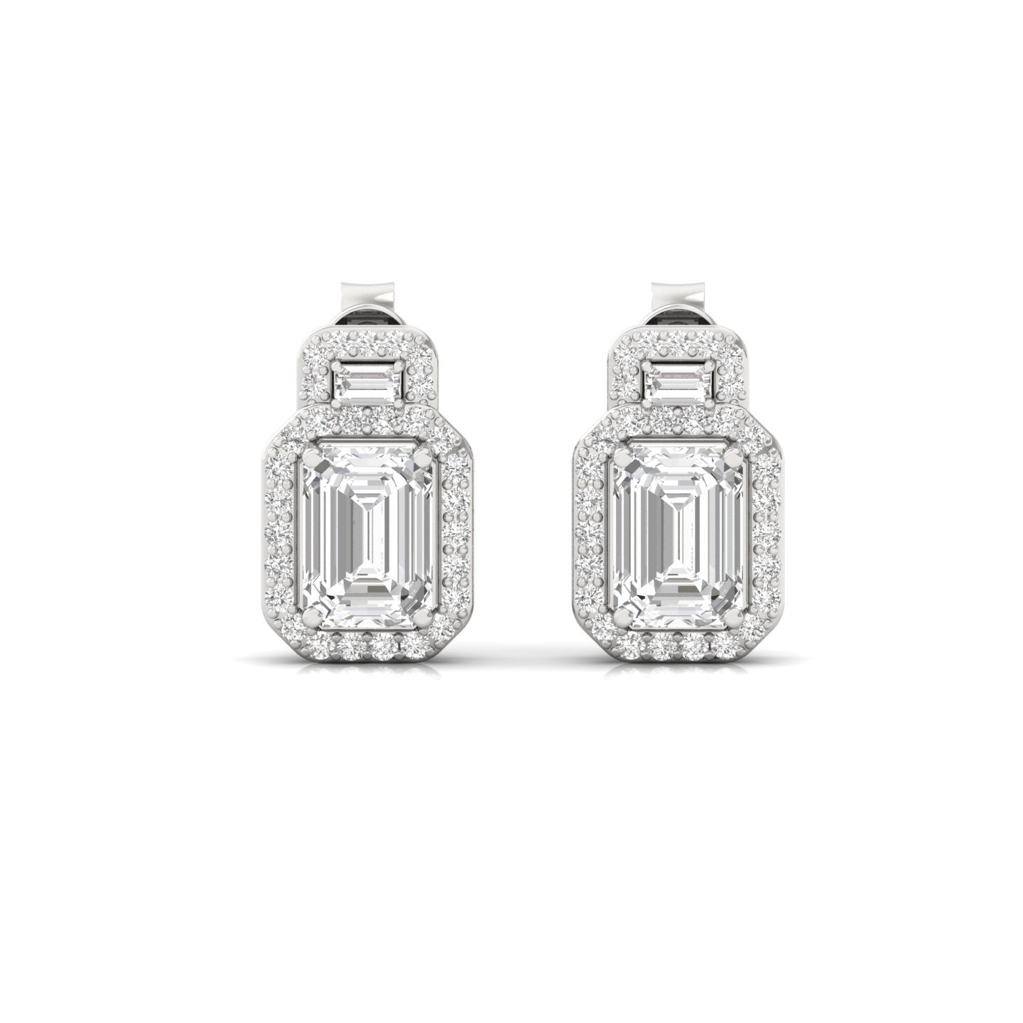 Emerald Cut Diamond Halo Stud Earrings (1 Pair) | Lab Grown CVD Diamond Earrings with Baguette & Round Halo | 925 Silver | 10K | 14K | 18K - View 2