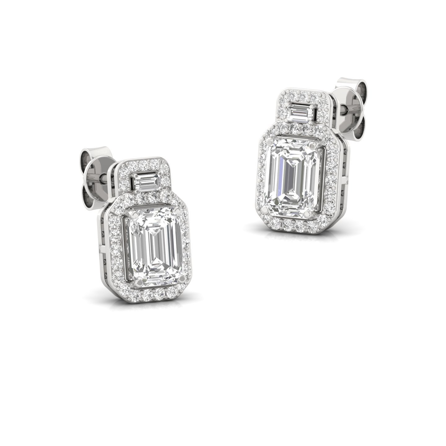 Emerald Cut Diamond Halo Stud Earrings (1 Pair) | Lab Grown CVD Diamond Earrings with Baguette & Round Halo | 925 Silver | 10K | 14K | 18K - View 3