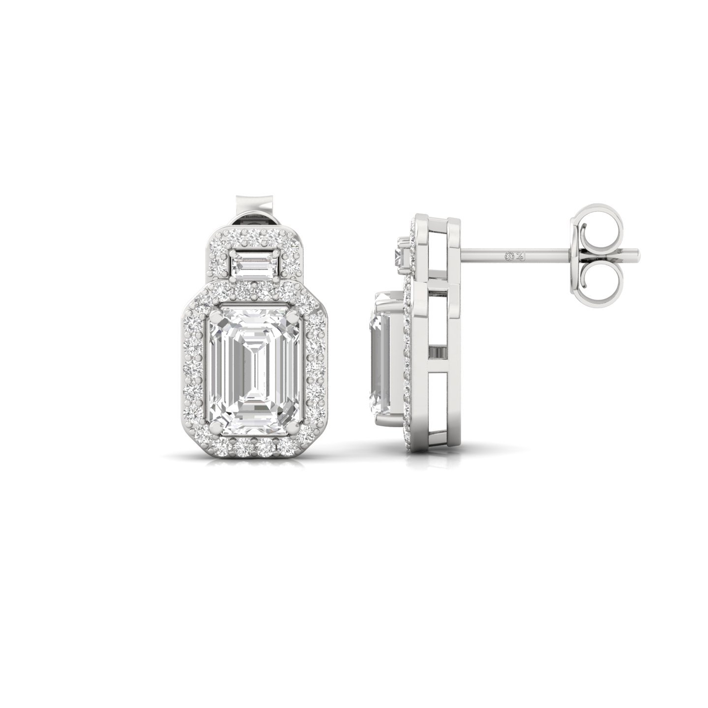 Emerald Cut Diamond Halo Stud Earrings (1 Pair) | Lab Grown CVD Diamond Earrings with Baguette & Round Halo | 925 Silver | 10K | 14K | 18K - Main View