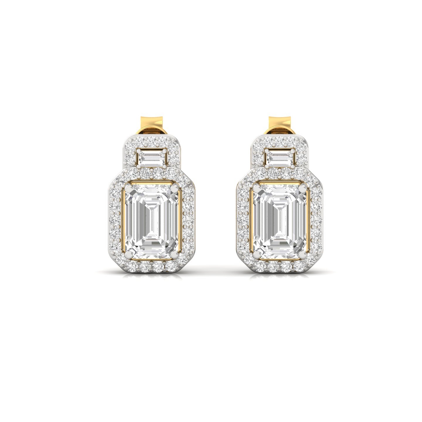 Emerald Cut Diamond Halo Stud Earrings (1 Pair) | Lab Grown CVD Diamond Earrings with Baguette & Round Halo | 925 Silver | 10K | 14K | 18K - View 2