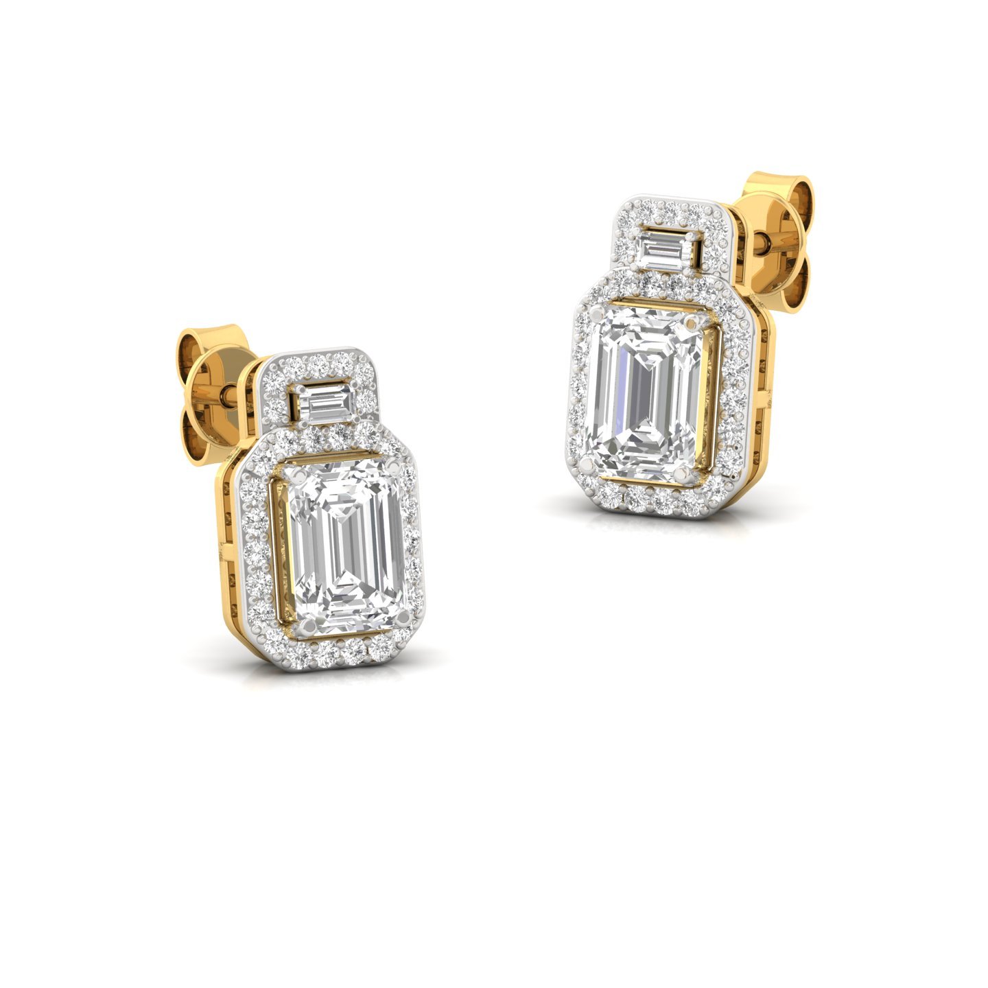 Emerald Cut Diamond Halo Stud Earrings (1 Pair) | Lab Grown CVD Diamond Earrings with Baguette & Round Halo | 925 Silver | 10K | 14K | 18K - View 3