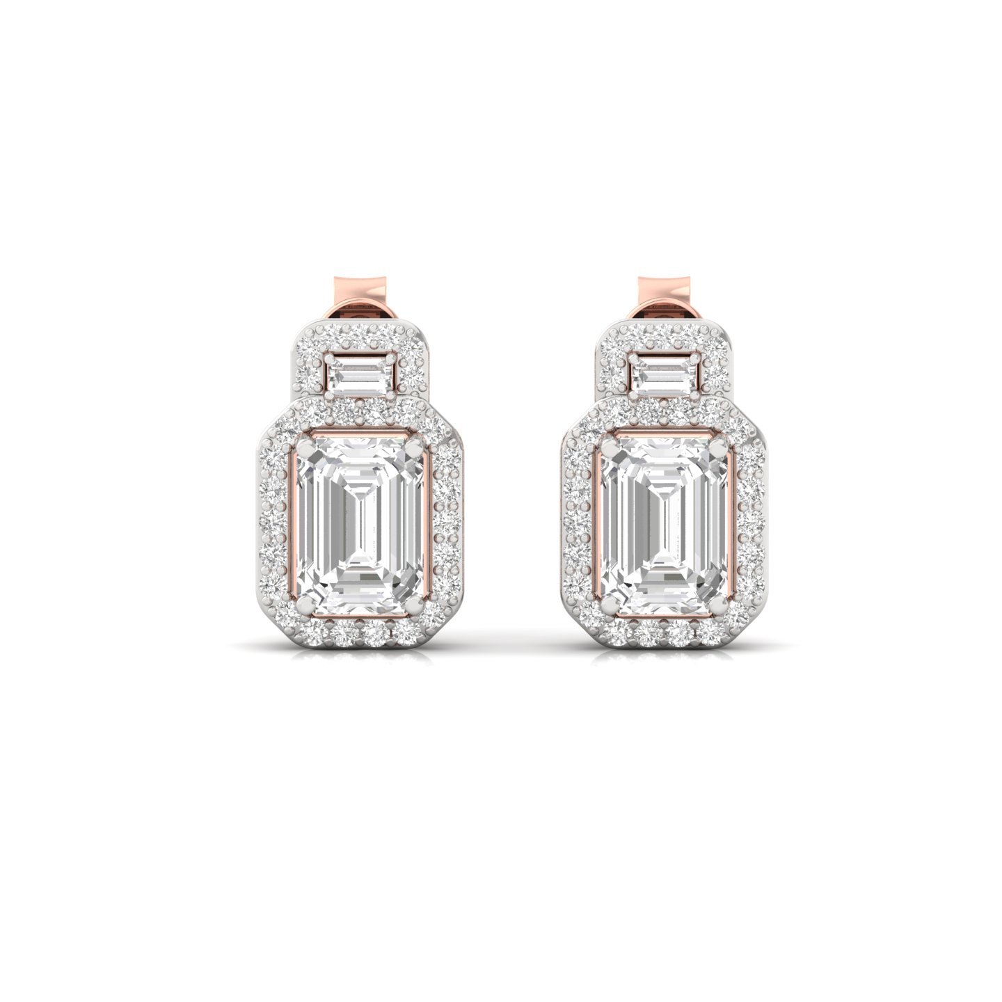 Emerald Cut Diamond Halo Stud Earrings (1 Pair) | Lab Grown CVD Diamond Earrings with Baguette & Round Halo | 925 Silver | 10K | 14K | 18K - View 2