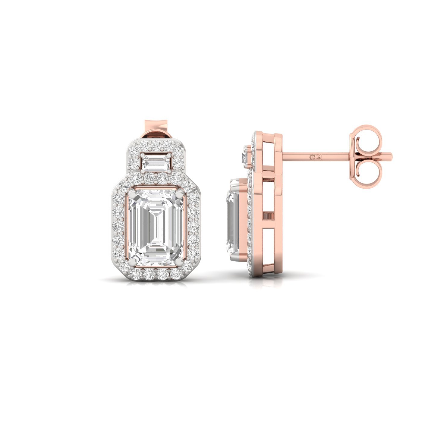Emerald Cut Diamond Halo Stud Earrings (1 Pair) | Lab Grown CVD Diamond Earrings with Baguette & Round Halo | 925 Silver | 10K | 14K | 18K - Rose Gold Main View