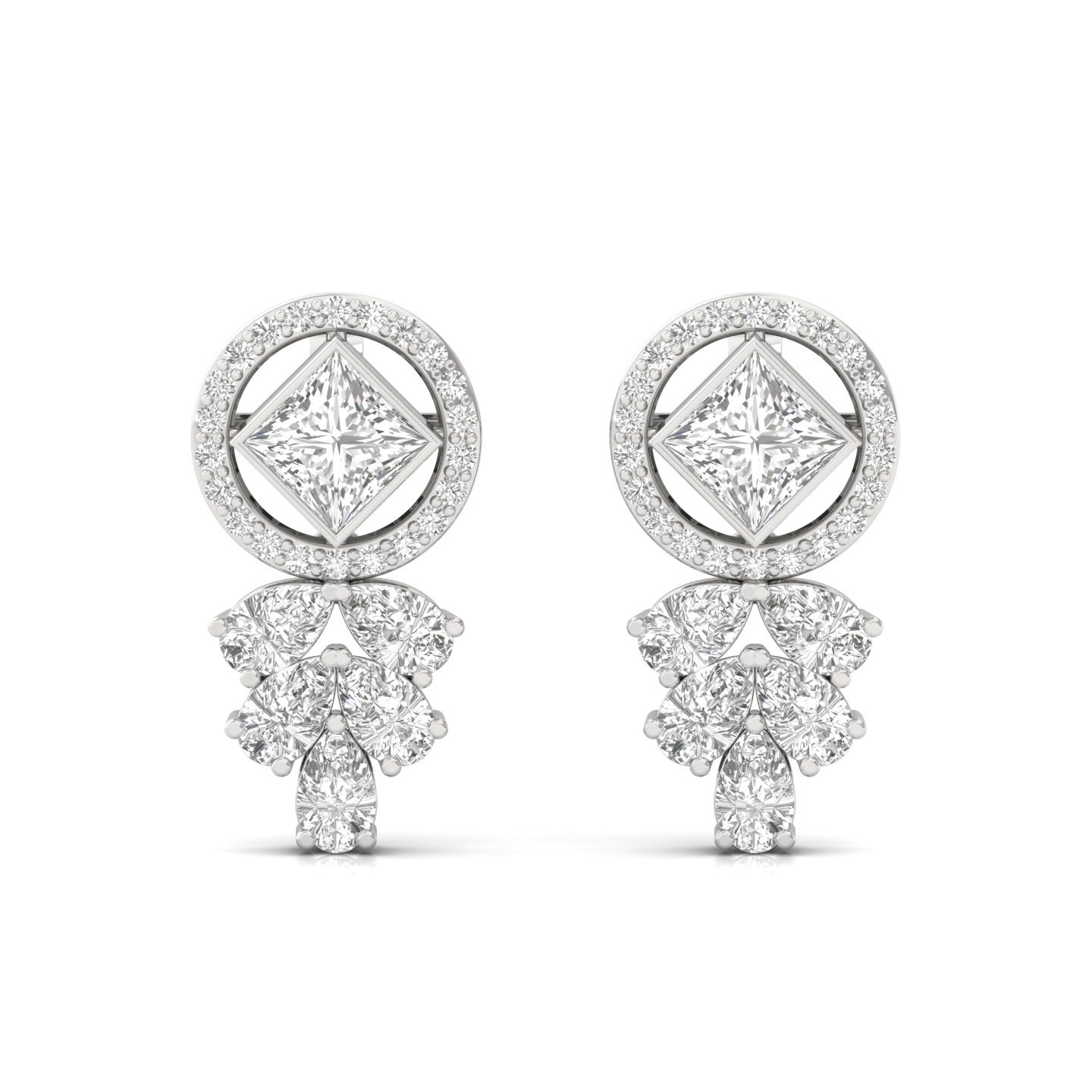 Princess & Pear Cut Diamond Drop Earrings (1 Pair) | Lab Grown CVD Diamond Halo & Dangle Earrings | 925 Silver | 10K | 14K | 18K - View 2
