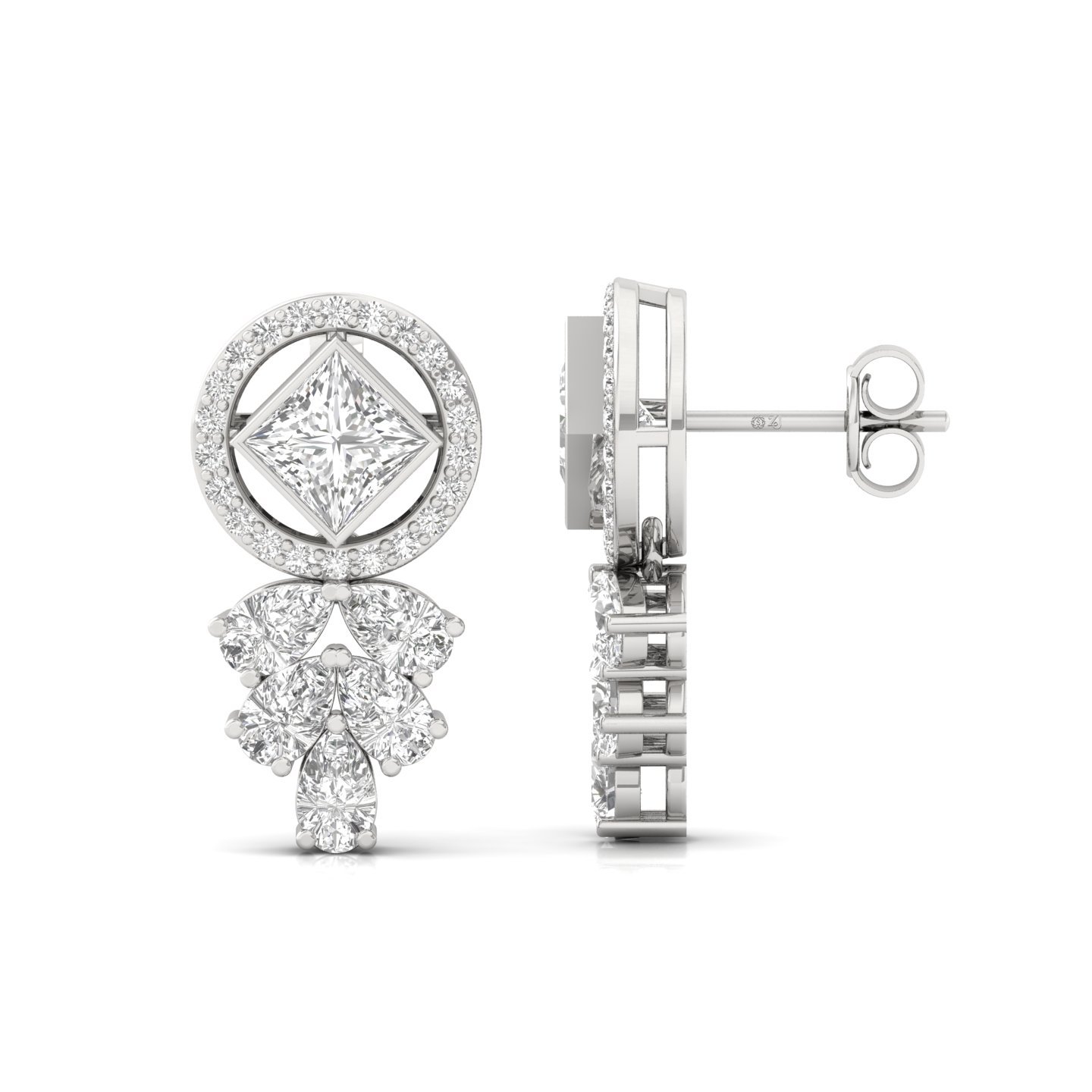 Princess & Pear Cut Diamond Drop Earrings (1 Pair) | Lab Grown CVD Diamond Halo & Dangle Earrings | 925 Silver | 10K | 14K | 18K - Main View