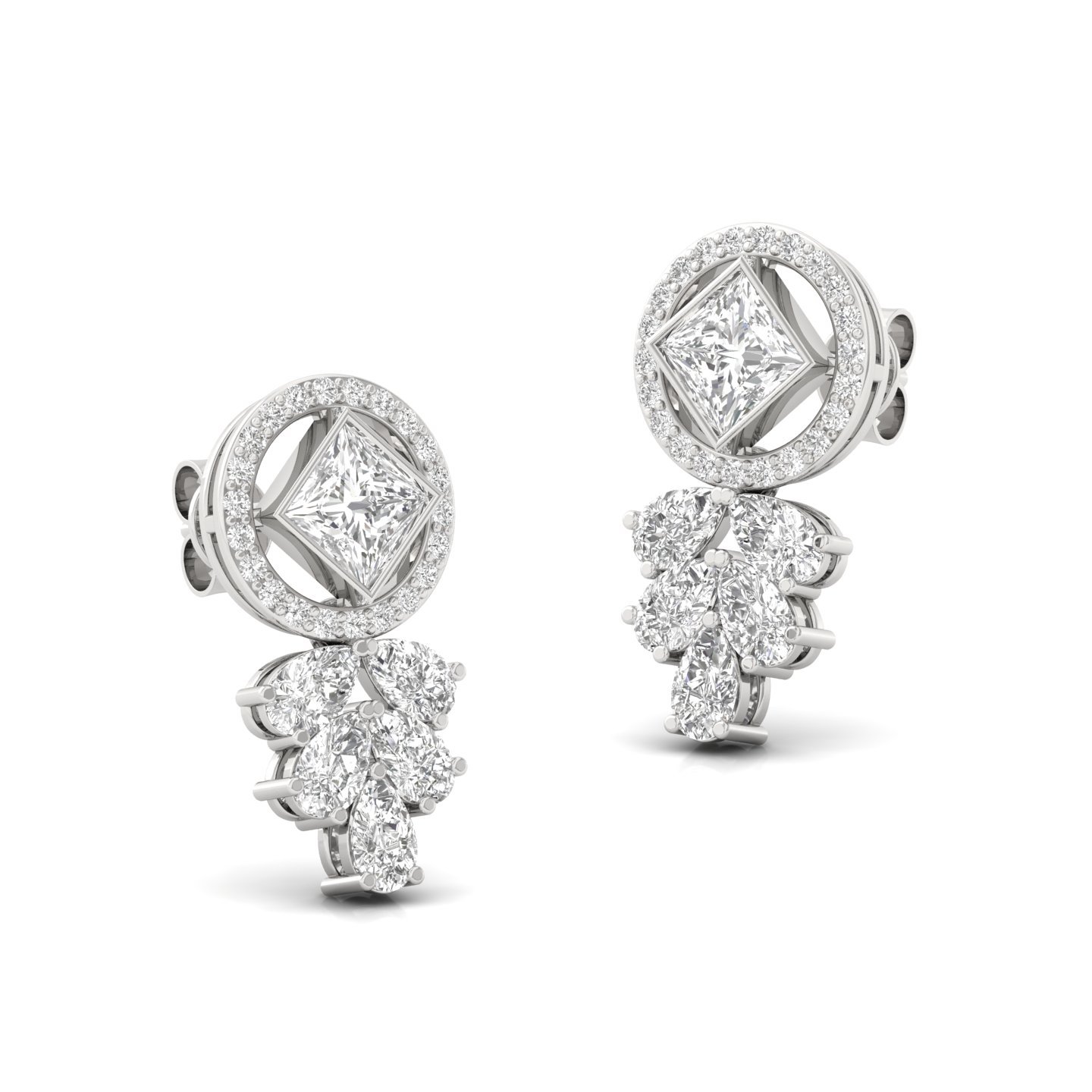 Princess & Pear Cut Diamond Drop Earrings (1 Pair) | Lab Grown CVD Diamond Halo & Dangle Earrings | 925 Silver | 10K | 14K | 18K - View 3