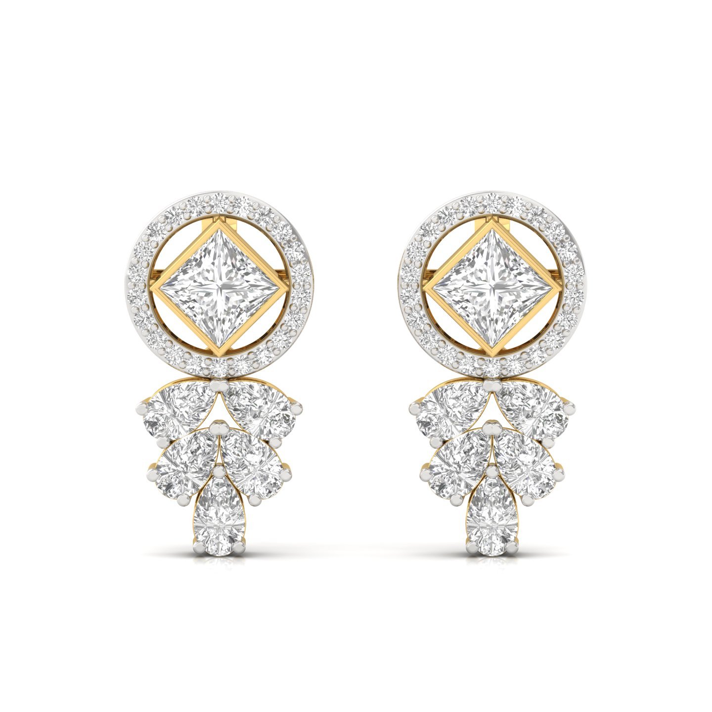 Princess & Pear Cut Diamond Drop Earrings (1 Pair) | Lab Grown CVD Diamond Halo & Dangle Earrings | 925 Silver | 10K | 14K | 18K - View 2
