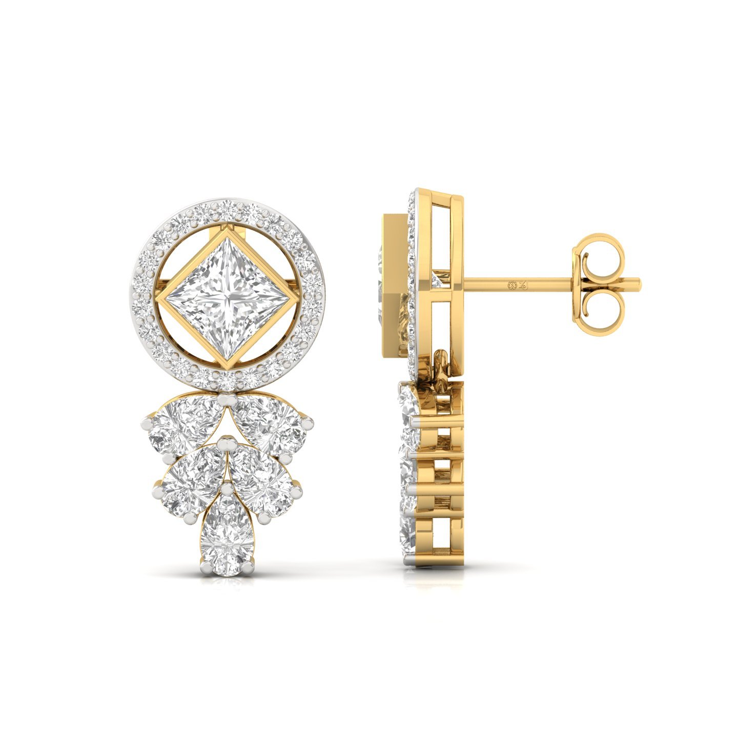 Princess & Pear Cut Diamond Drop Earrings (1 Pair) | Lab Grown CVD Diamond Halo & Dangle Earrings | 925 Silver | 10K | 14K | 18K - Gold Main View