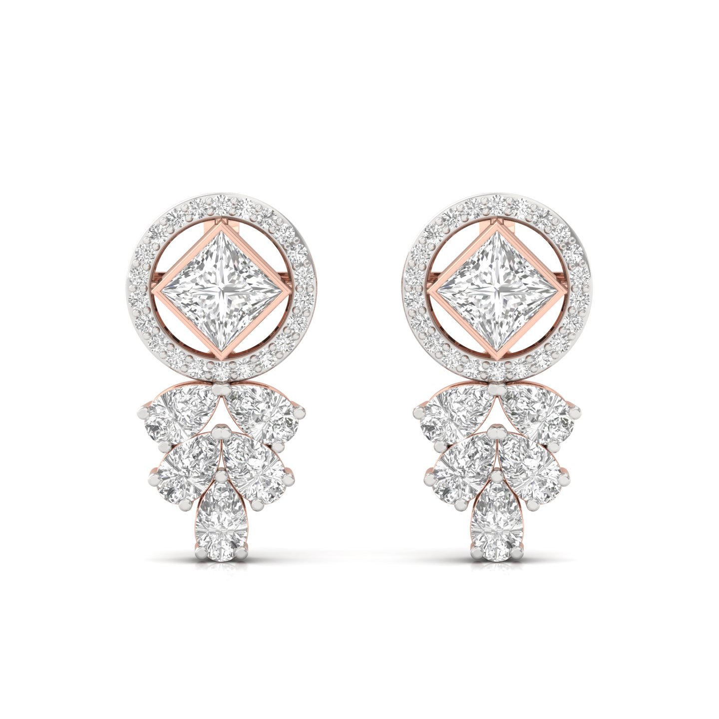 Princess & Pear Cut Diamond Drop Earrings (1 Pair) | Lab Grown CVD Diamond Halo & Dangle Earrings | 925 Silver | 10K | 14K | 18K - View 2
