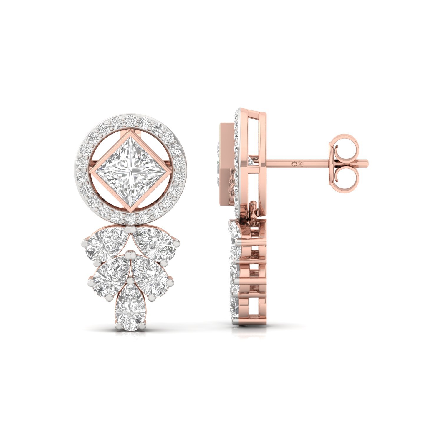 Princess & Pear Cut Diamond Drop Earrings (1 Pair) | Lab Grown CVD Diamond Halo & Dangle Earrings | 925 Silver | 10K | 14K | 18K - Rose Gold Main View