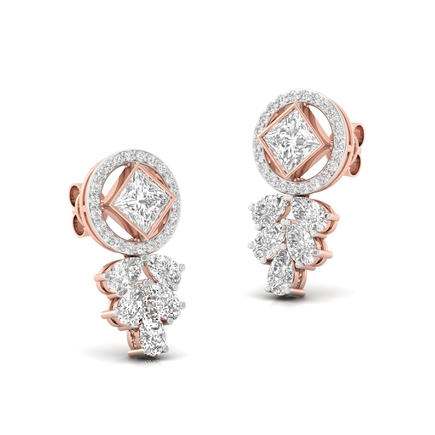 Princess & Pear Cut Diamond Drop Earrings (1 Pair) | Lab Grown CVD Diamond Halo & Dangle Earrings | 925 Silver | 10K | 14K | 18K - View 3