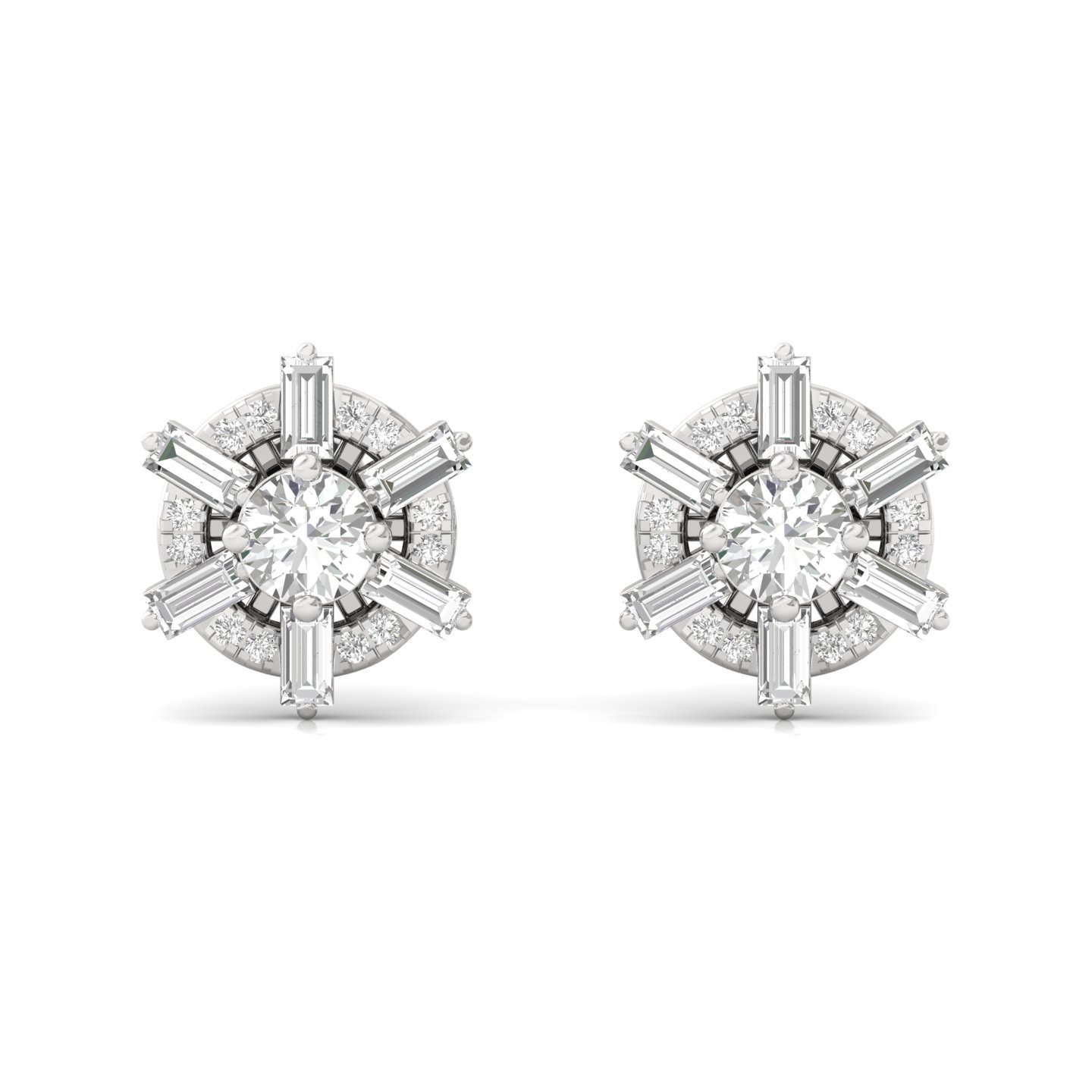 Round & Baguette Diamond Halo Stud Earrings (1 Pair) | Bold Lab Grown CVD Diamond Earrings | 925 Silver | 10K | 14K | 18K - View 2