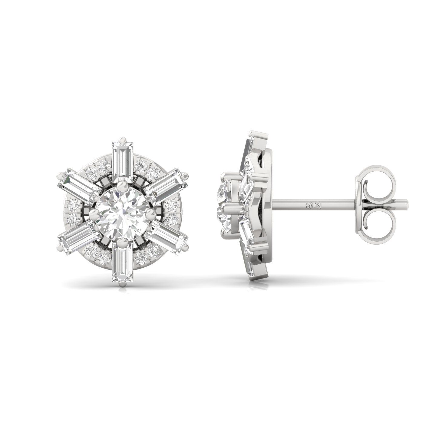 Round & Baguette Diamond Halo Stud Earrings (1 Pair) | Bold Lab Grown CVD Diamond Earrings | 925 Silver | 10K | 14K | 18K - Main View