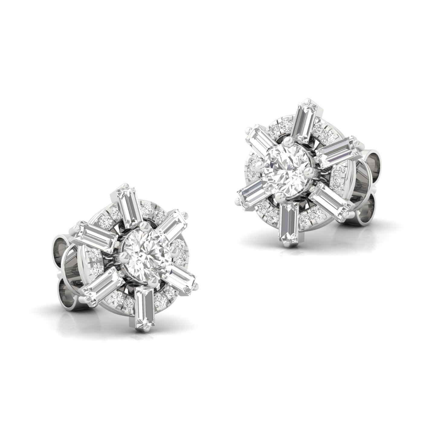 Round & Baguette Diamond Halo Stud Earrings (1 Pair) | Bold Lab Grown CVD Diamond Earrings | 925 Silver | 10K | 14K | 18K - View 3