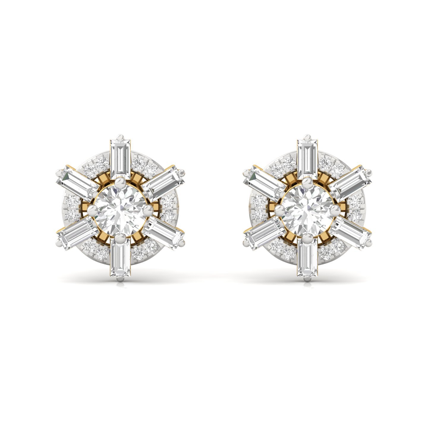 Round & Baguette Diamond Halo Stud Earrings (1 Pair) | Bold Lab Grown CVD Diamond Earrings | 925 Silver | 10K | 14K | 18K - View 2