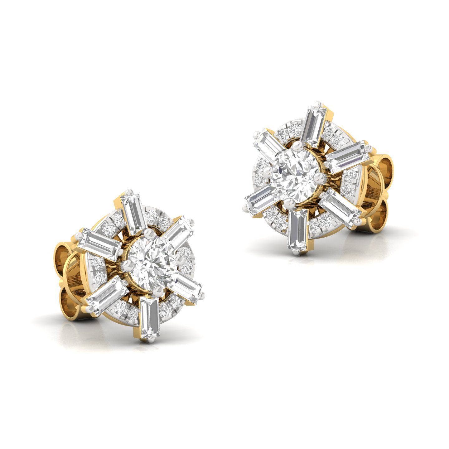 Round & Baguette Diamond Halo Stud Earrings (1 Pair) | Bold Lab Grown CVD Diamond Earrings | 925 Silver | 10K | 14K | 18K - View 3