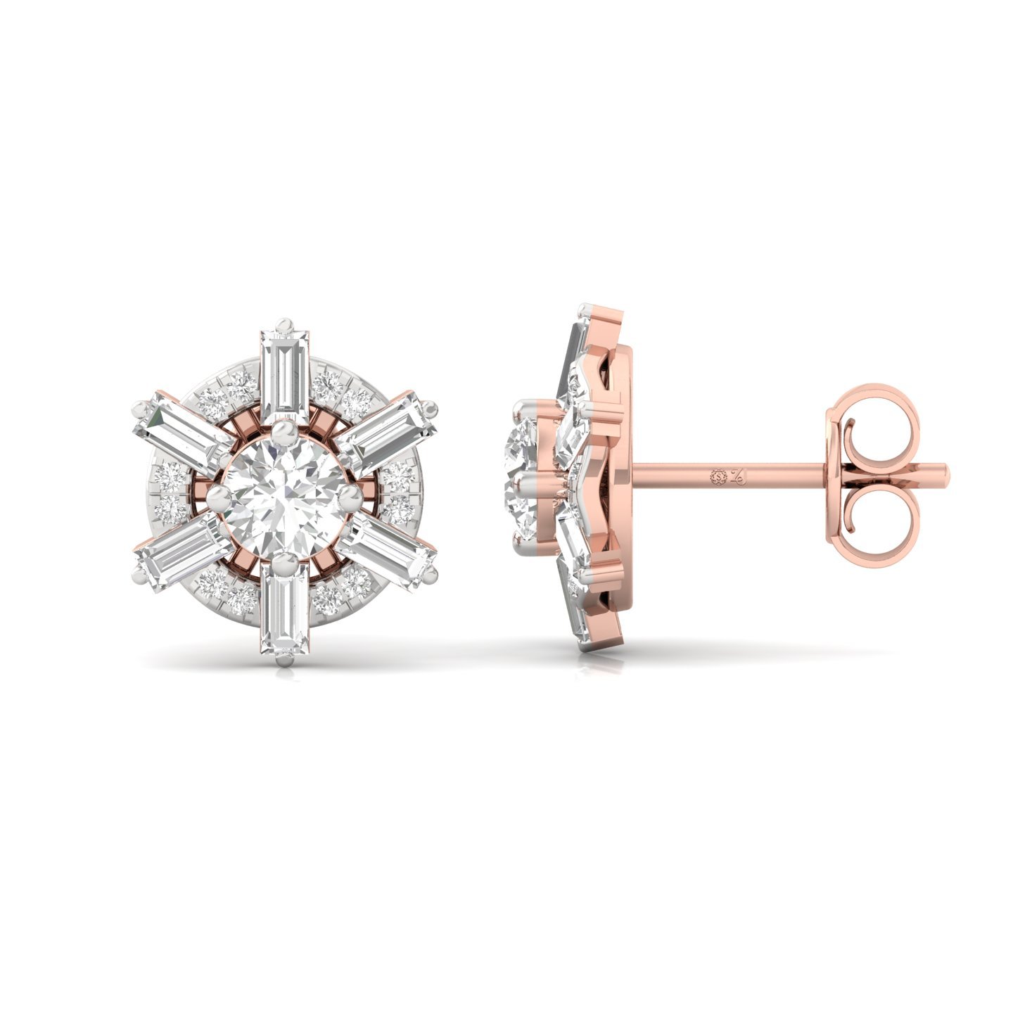 Round & Baguette Diamond Halo Stud Earrings (1 Pair) | Bold Lab Grown CVD Diamond Earrings | 925 Silver | 10K | 14K | 18K - Rose Gold Main View