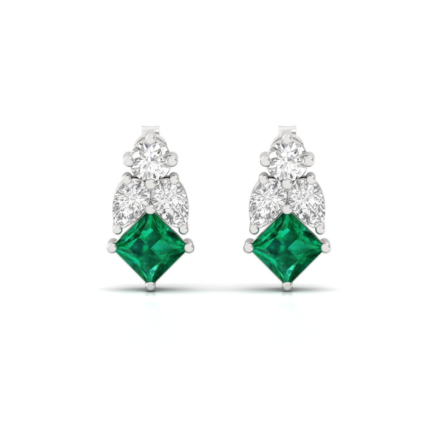 Princess Cut Green & White Diamond Stud Earrings (1 Pair) | Lab Grown CVD Diamond Earrings | 925 Silver | 10K | 14K | 18K - View 2