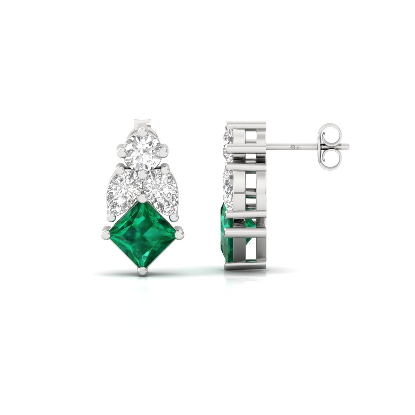 Princess Cut Green & White Diamond Stud Earrings (1 Pair) | Lab Grown CVD Diamond Earrings | 925 Silver | 10K | 14K | 18K - Main View