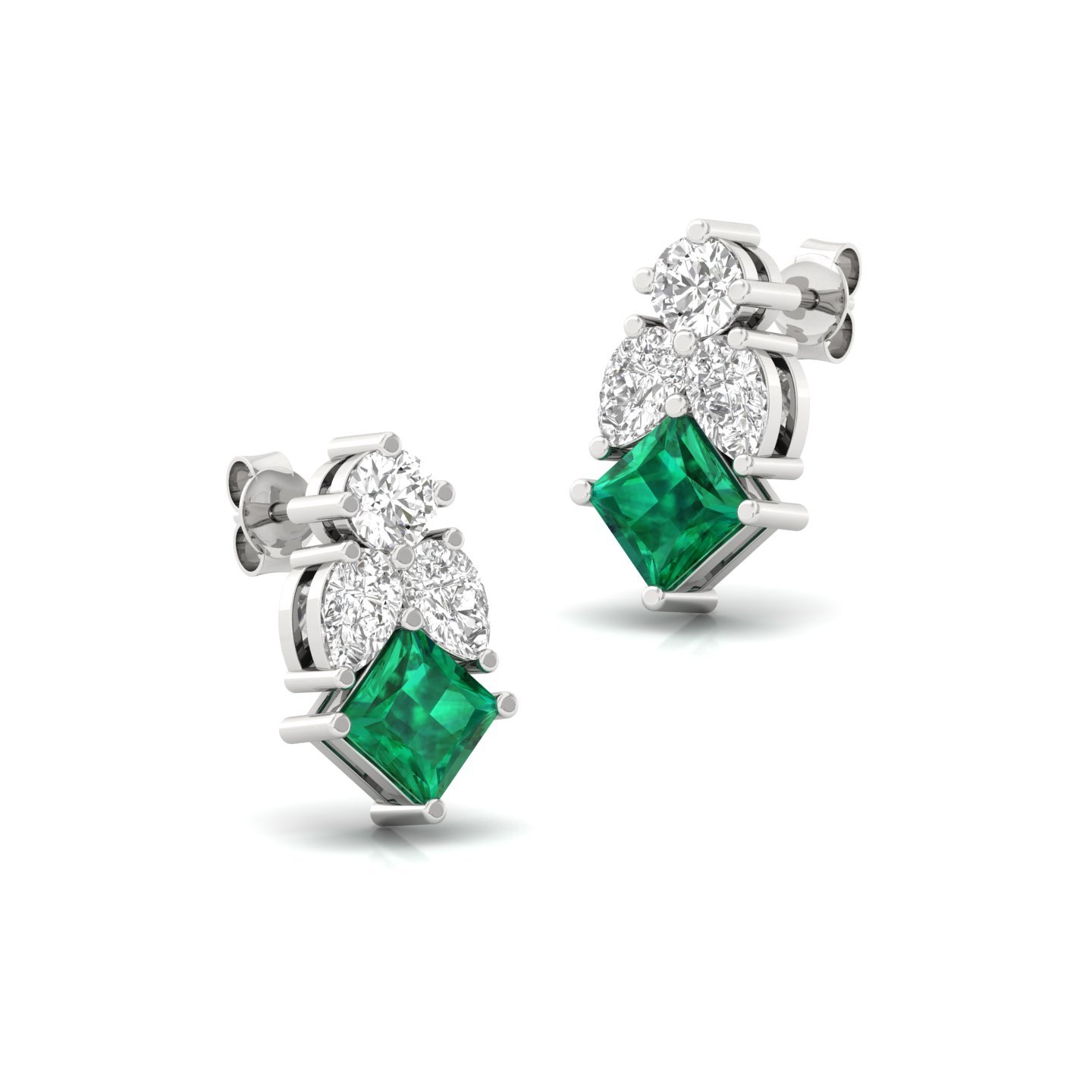 Princess Cut Green & White Diamond Stud Earrings (1 Pair) | Lab Grown CVD Diamond Earrings | 925 Silver | 10K | 14K | 18K - View 3