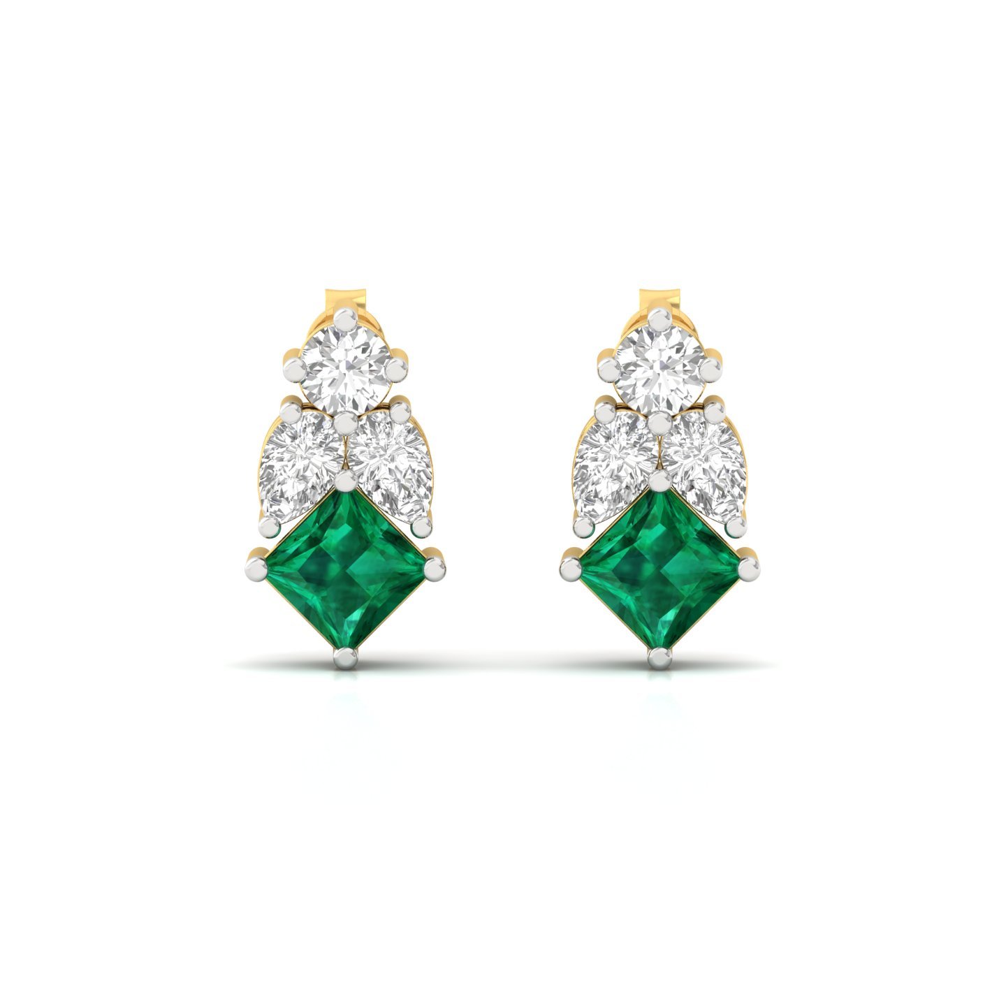 Princess Cut Green & White Diamond Stud Earrings (1 Pair) | Lab Grown CVD Diamond Earrings | 925 Silver | 10K | 14K | 18K - View 2
