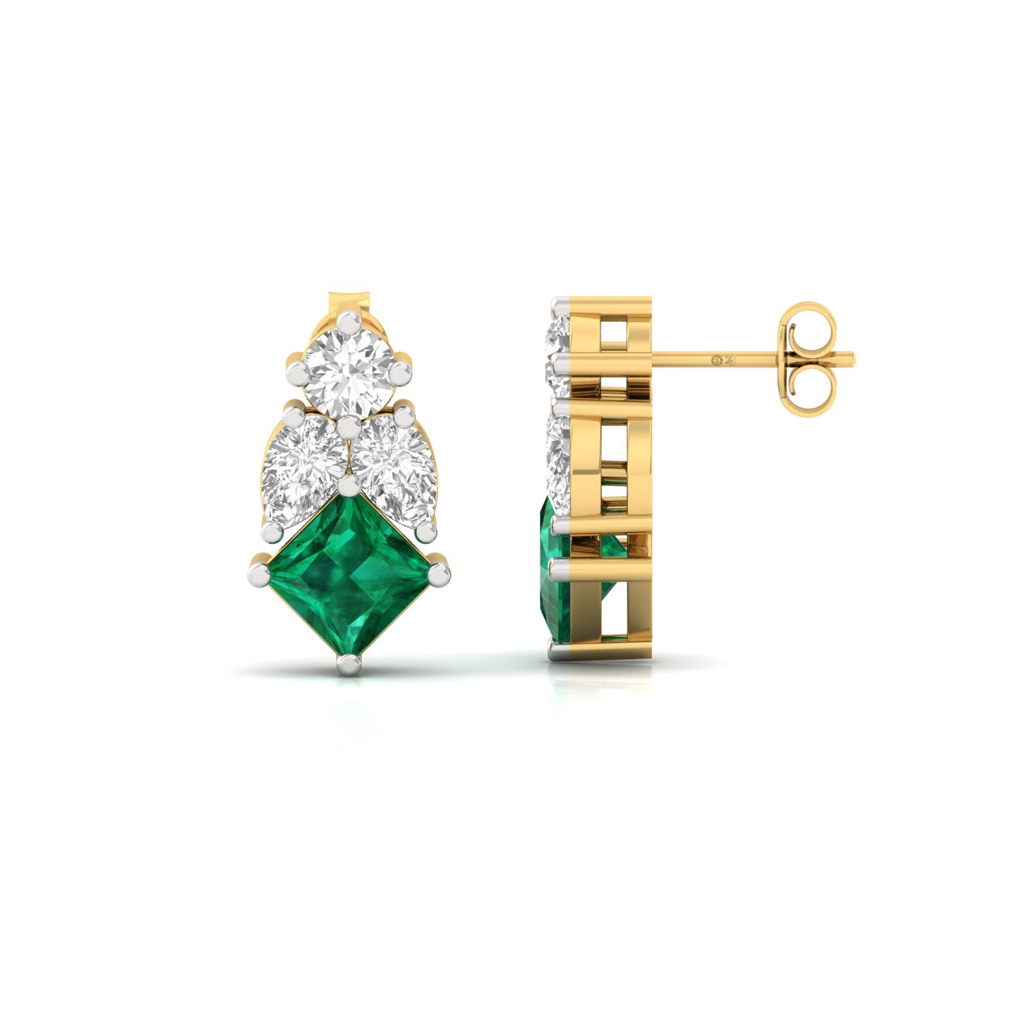 Princess Cut Green & White Diamond Stud Earrings (1 Pair) | Lab Grown CVD Diamond Earrings | 925 Silver | 10K | 14K | 18K - Gold Main View