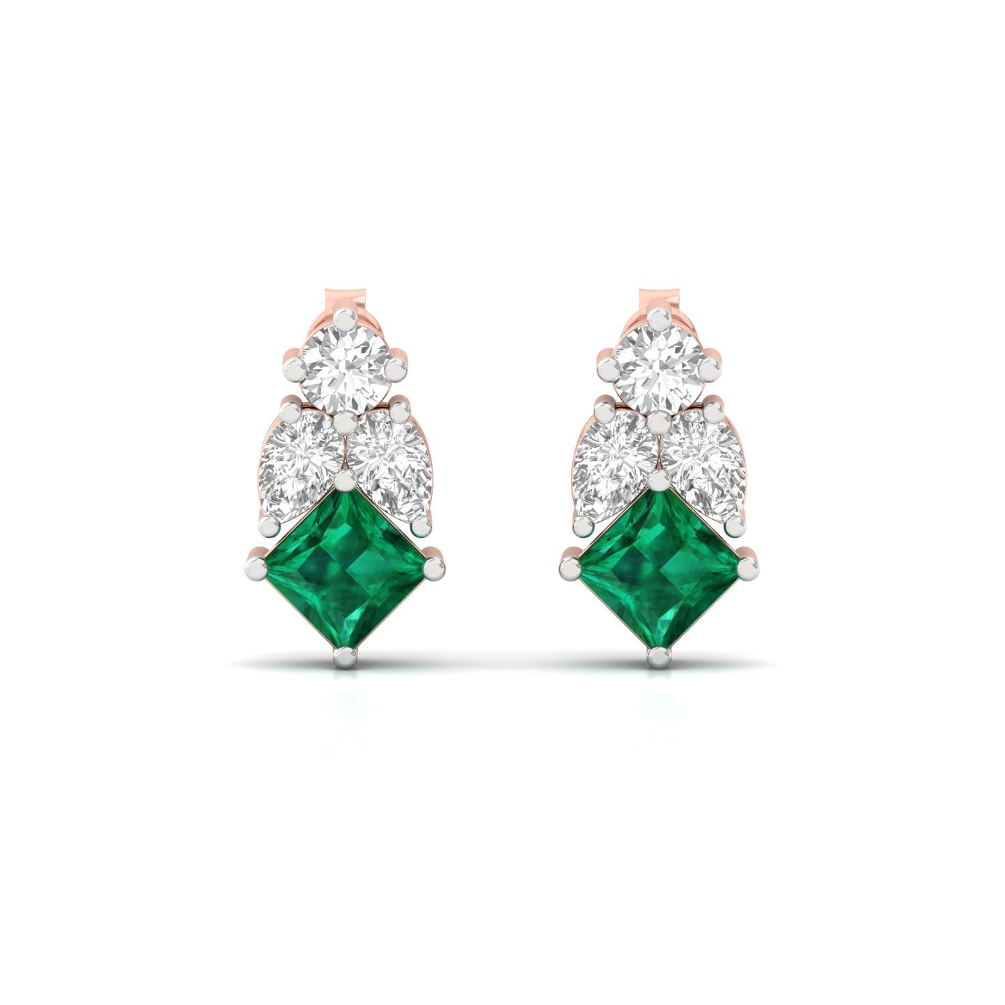 Princess Cut Green & White Diamond Stud Earrings (1 Pair) | Lab Grown CVD Diamond Earrings | 925 Silver | 10K | 14K | 18K - View 2