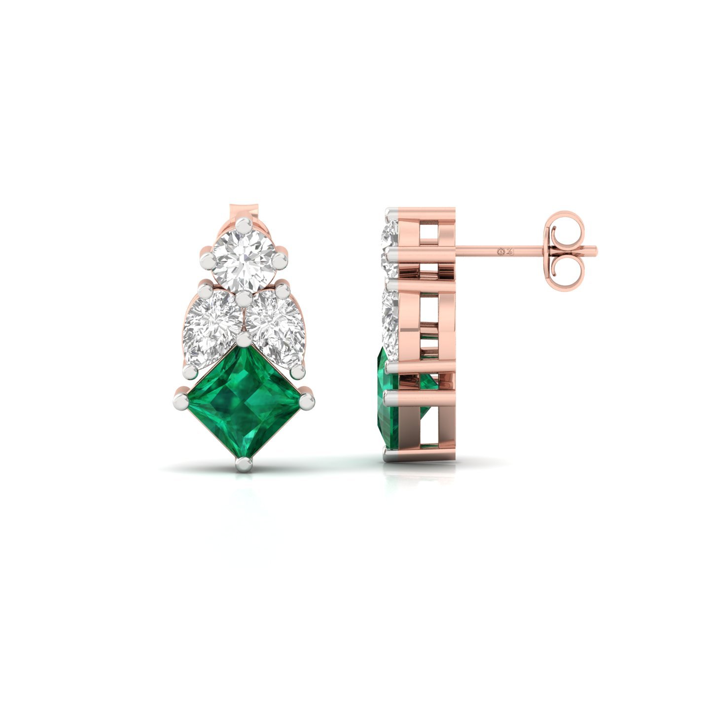 Princess Cut Green & White Diamond Stud Earrings (1 Pair) | Lab Grown CVD Diamond Earrings | 925 Silver | 10K | 14K | 18K - Rose Gold Main View