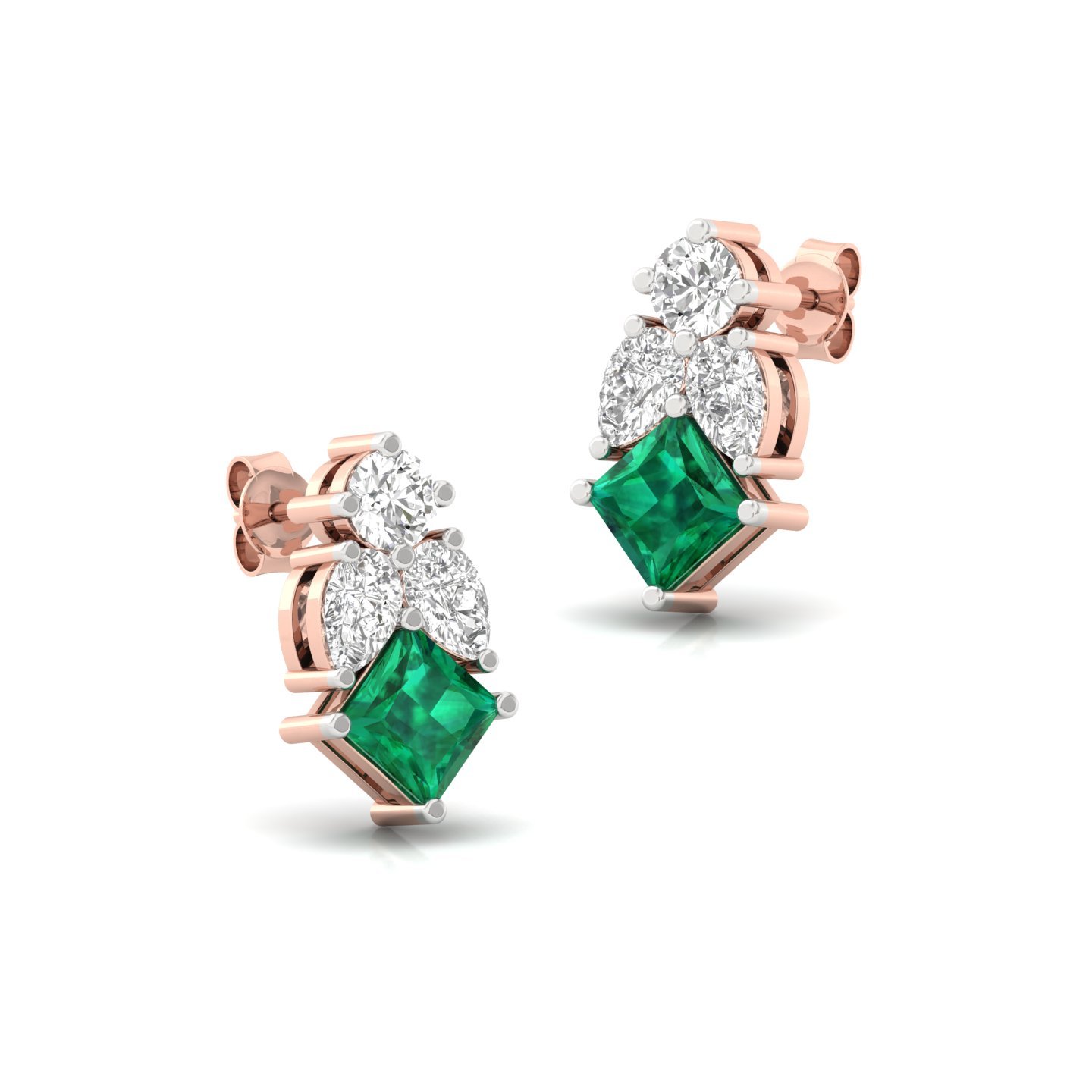 Princess Cut Green & White Diamond Stud Earrings (1 Pair) | Lab Grown CVD Diamond Earrings | 925 Silver | 10K | 14K | 18K - View 3