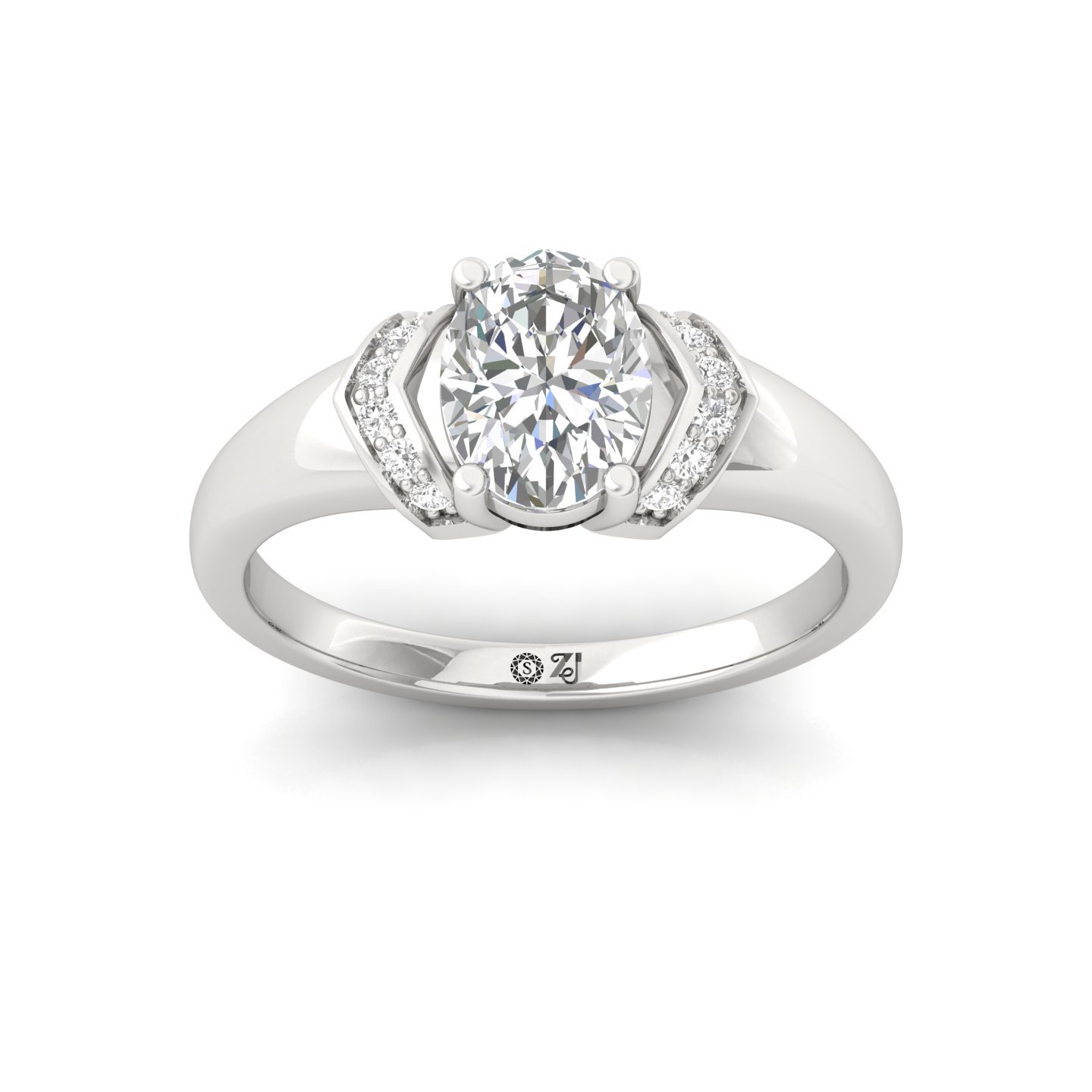 Oval Cut Diamond Engagement Ring | Lab Grown CVD Solitaire with Side Accents | 925 Silver | 10K | 14K | 18K - Main View