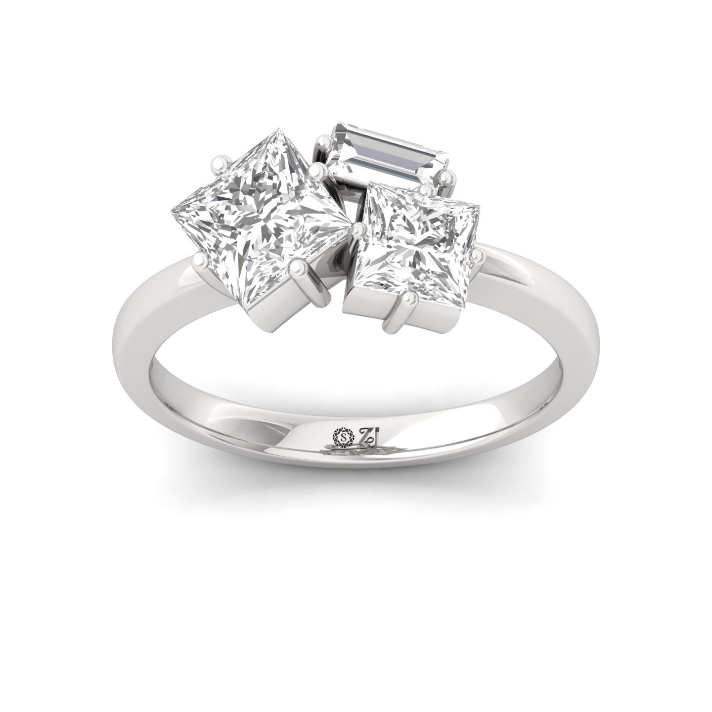 Princess Cut Diamond Engagement Ring with Baguette Accent | Lab Grown CVD Diamond Trio Design | 925 Silver | 10K | 14K | 18K - Main View