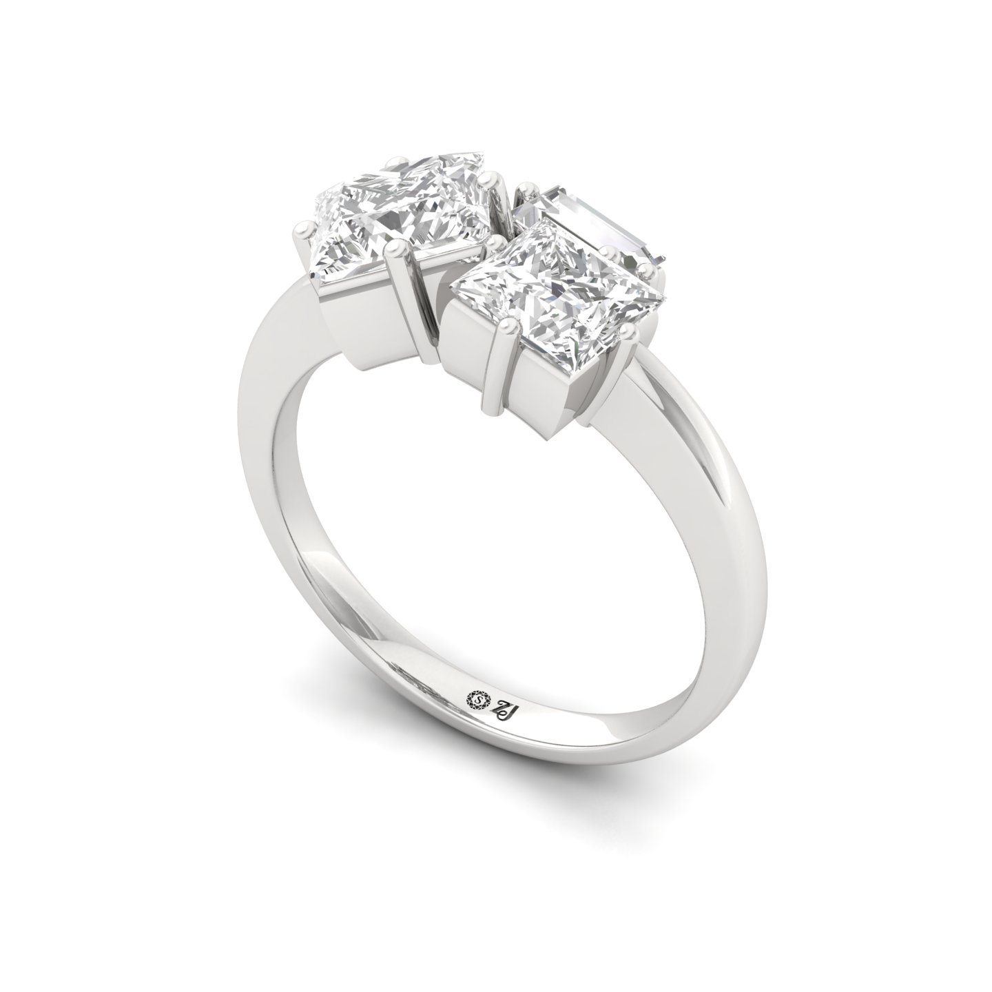 Princess Cut Diamond Engagement Ring with Baguette Accent | Lab Grown CVD Diamond Trio Design | 925 Silver | 10K | 14K | 18K - View 2