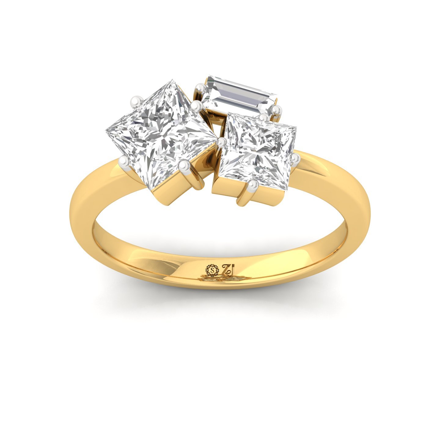 Princess Cut Diamond Engagement Ring with Baguette Accent | Lab Grown CVD Diamond Trio Design | 925 Silver | 10K | 14K | 18K - Gold Main View