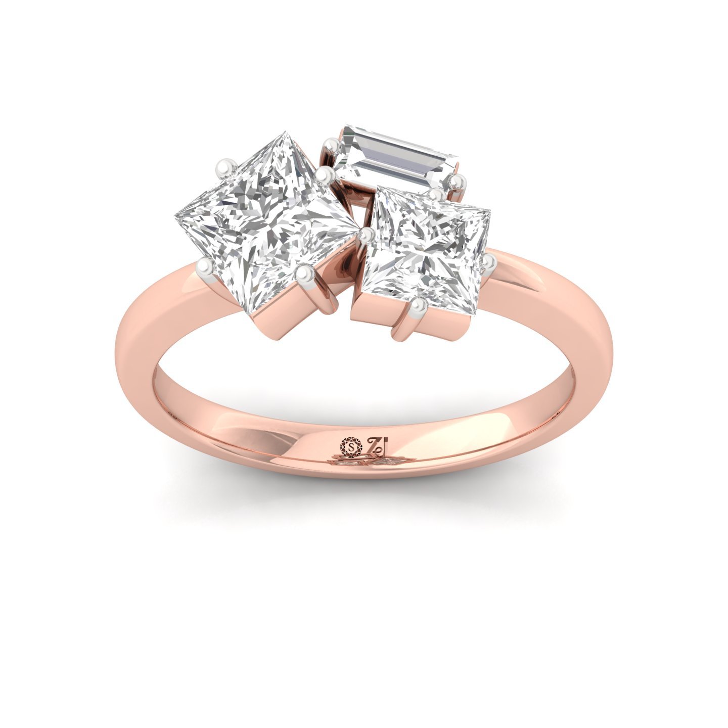 Princess Cut Diamond Engagement Ring with Baguette Accent | Lab Grown CVD Diamond Trio Design | 925 Silver | 10K | 14K | 18K - Rose Gold Main View
