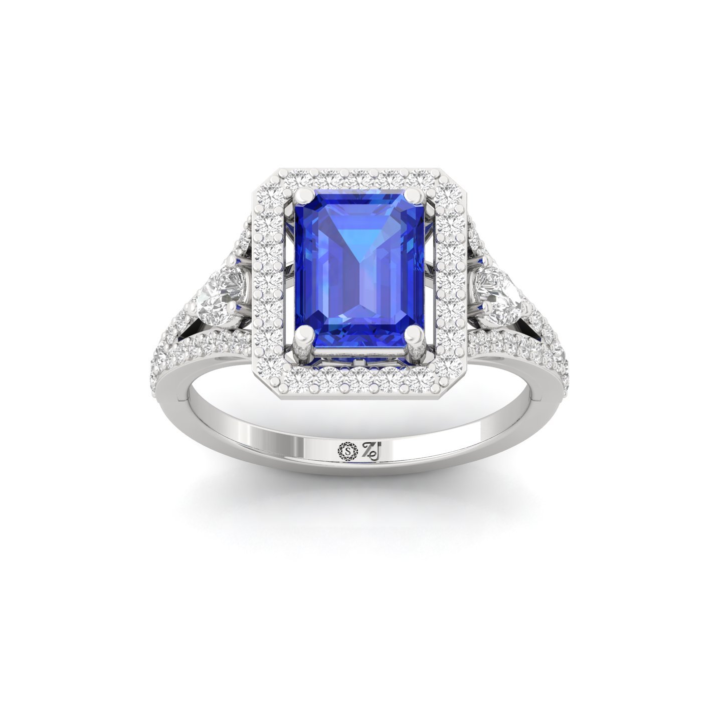 Emerald Cut Blue stone Sapphire Diamond Halo Engagement Ring | Lab Grown CVD Diamond Vintage Ring | 925 Silver | 10K | 14K | 18K - Main View