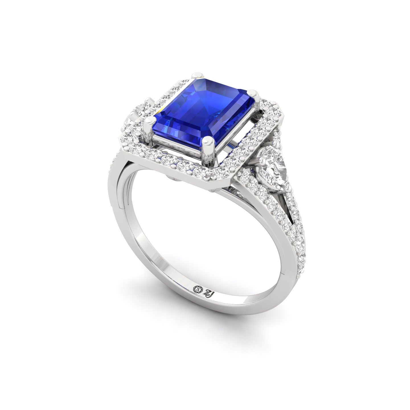 Emerald Cut Blue stone Sapphire Diamond Halo Engagement Ring | Lab Grown CVD Diamond Vintage Ring | 925 Silver | 10K | 14K | 18K - View 2