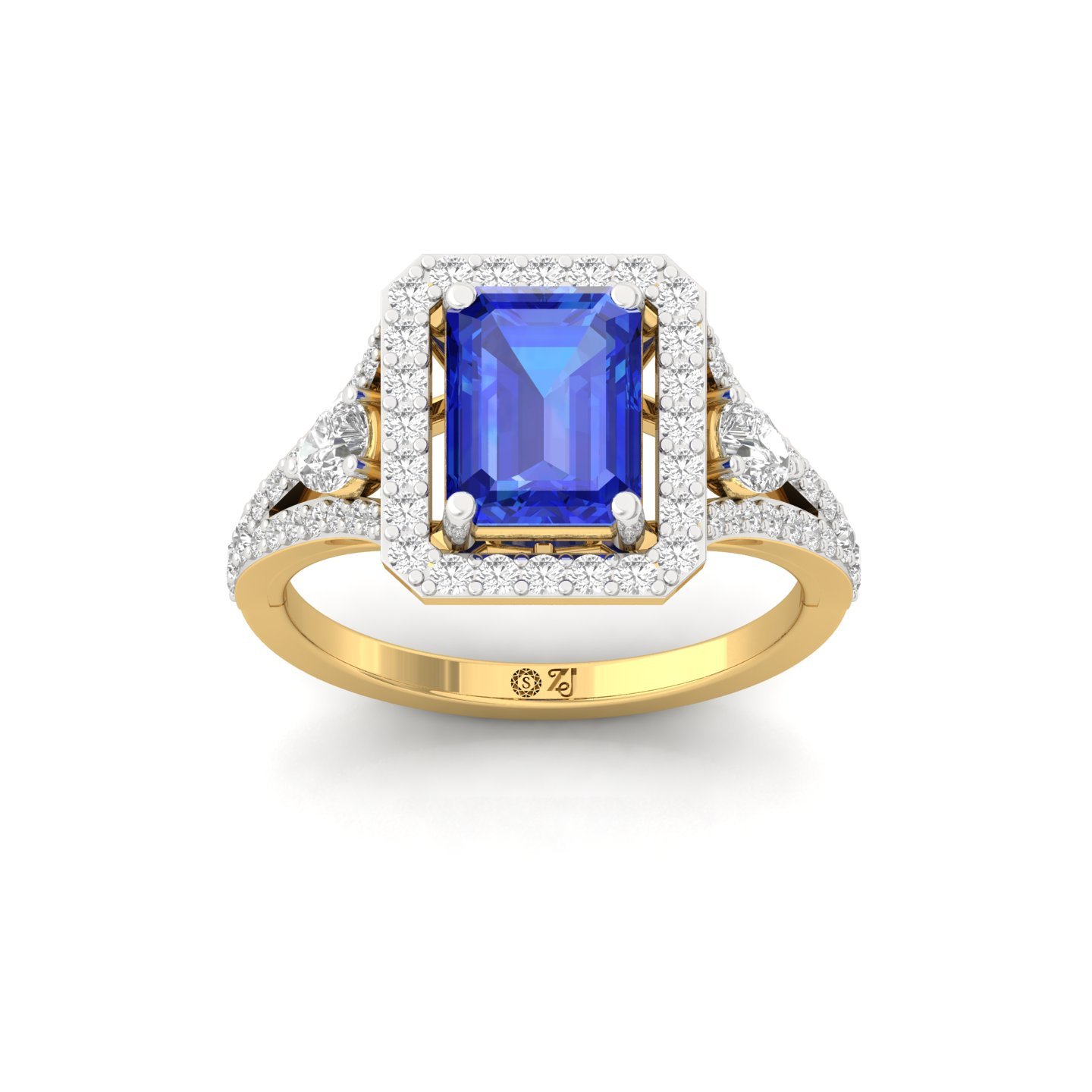 Emerald Cut Blue stone Sapphire Diamond Halo Engagement Ring | Lab Grown CVD Diamond Vintage Ring | 925 Silver | 10K | 14K | 18K - Gold Main View
