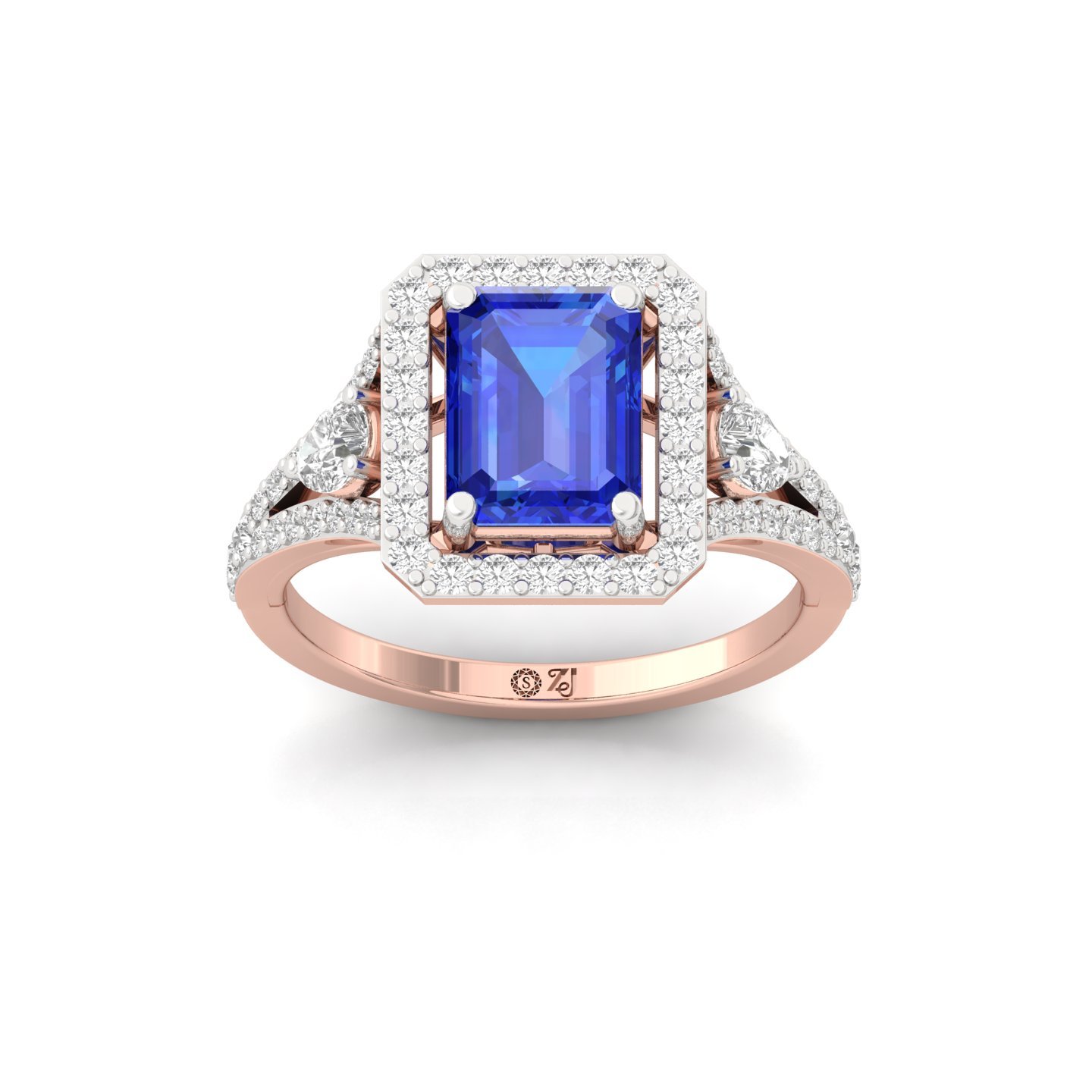 Emerald Cut Blue stone Sapphire Diamond Halo Engagement Ring | Lab Grown CVD Diamond Vintage Ring | 925 Silver | 10K | 14K | 18K - Rose Gold Main View